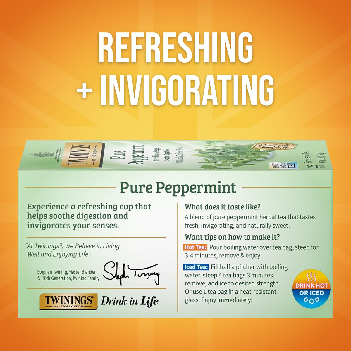 Close-up of Twinings peppermint tea bag releasing bright mint fragrance for steeping
