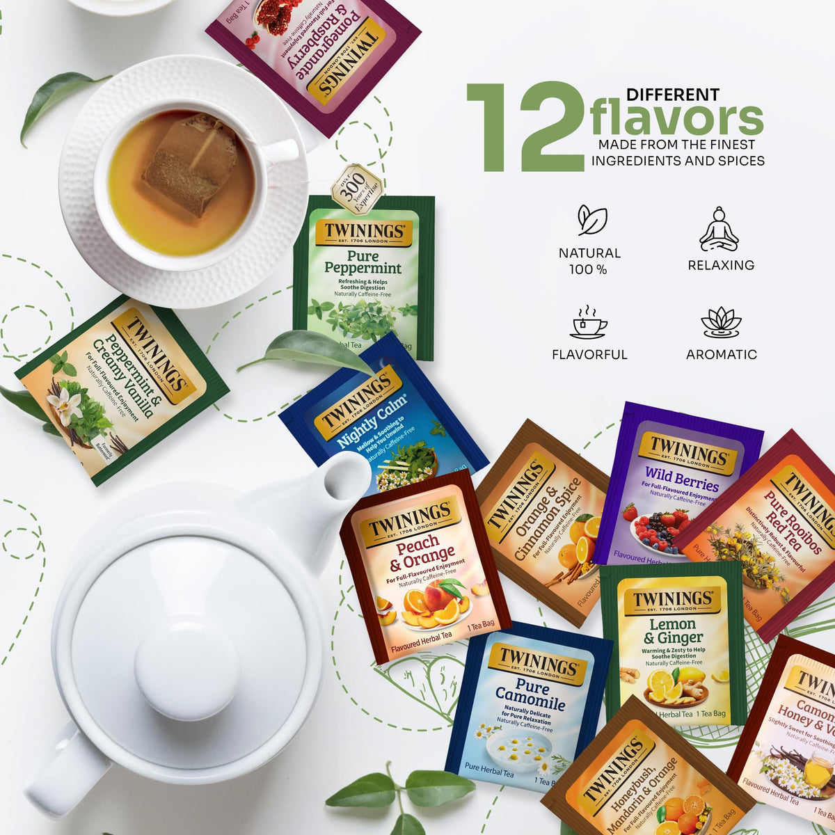 Twinings Pure Peppermint tea bag offers a refreshing caffeine-free break