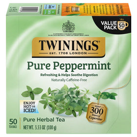 Twinings Pure Peppermint Tea bags, individually wrapped for fresh, caffeine-free moments.