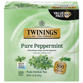 Twinings Pure Peppermint tea bags ready for a fresh, caffeine-free cup.