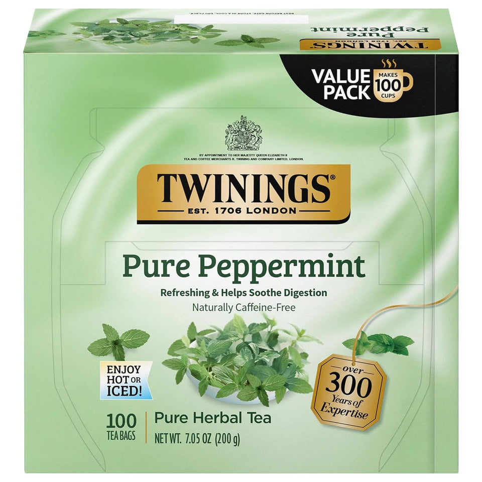 Twinings Pure Peppermint tea bags ready for a fresh, caffeine-free cup.