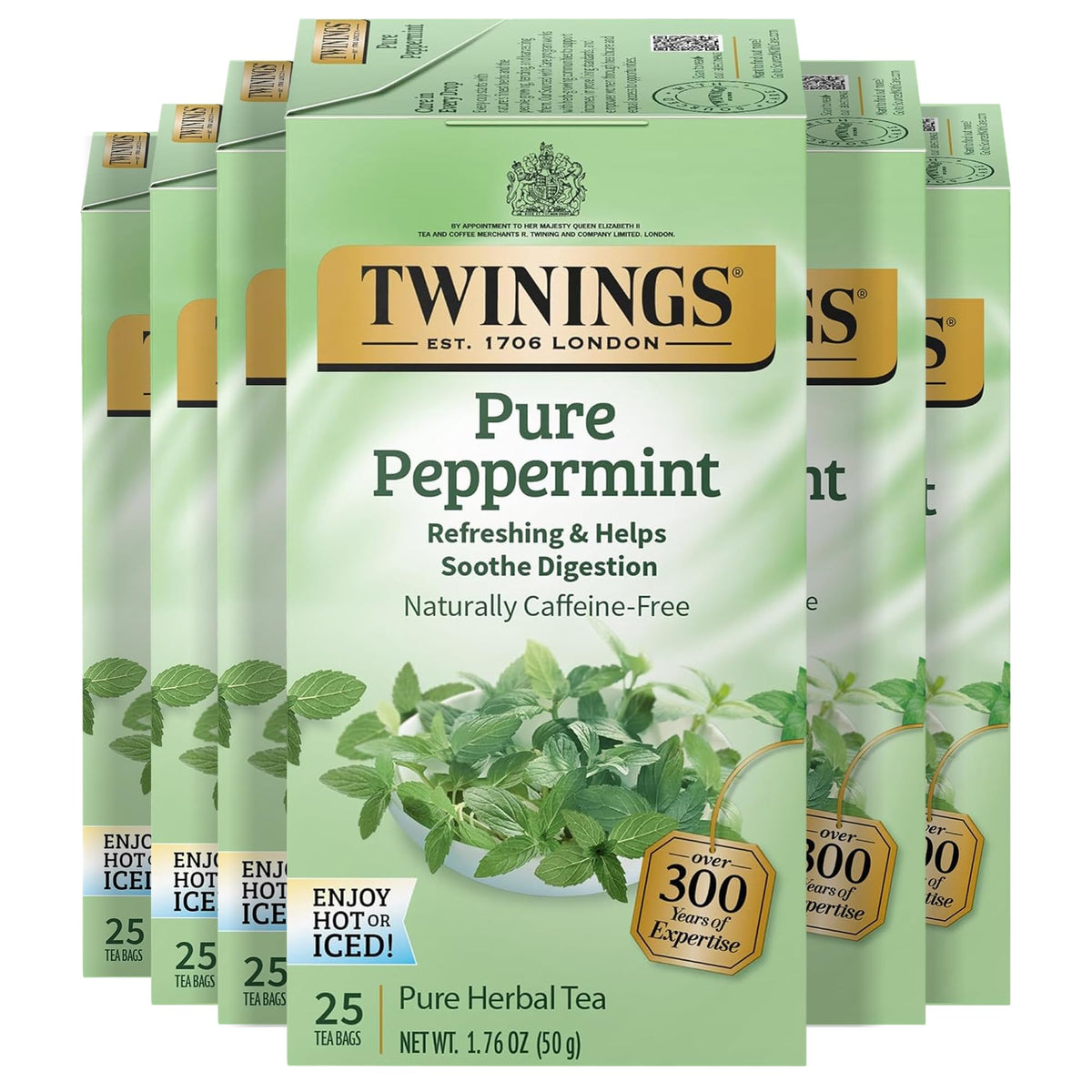Twinings Pure Peppermint tea bags in a box with a fresh, inviting aroma