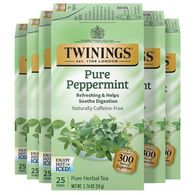 Twinings Pure Peppermint tea bags in a box with a fresh, inviting aroma