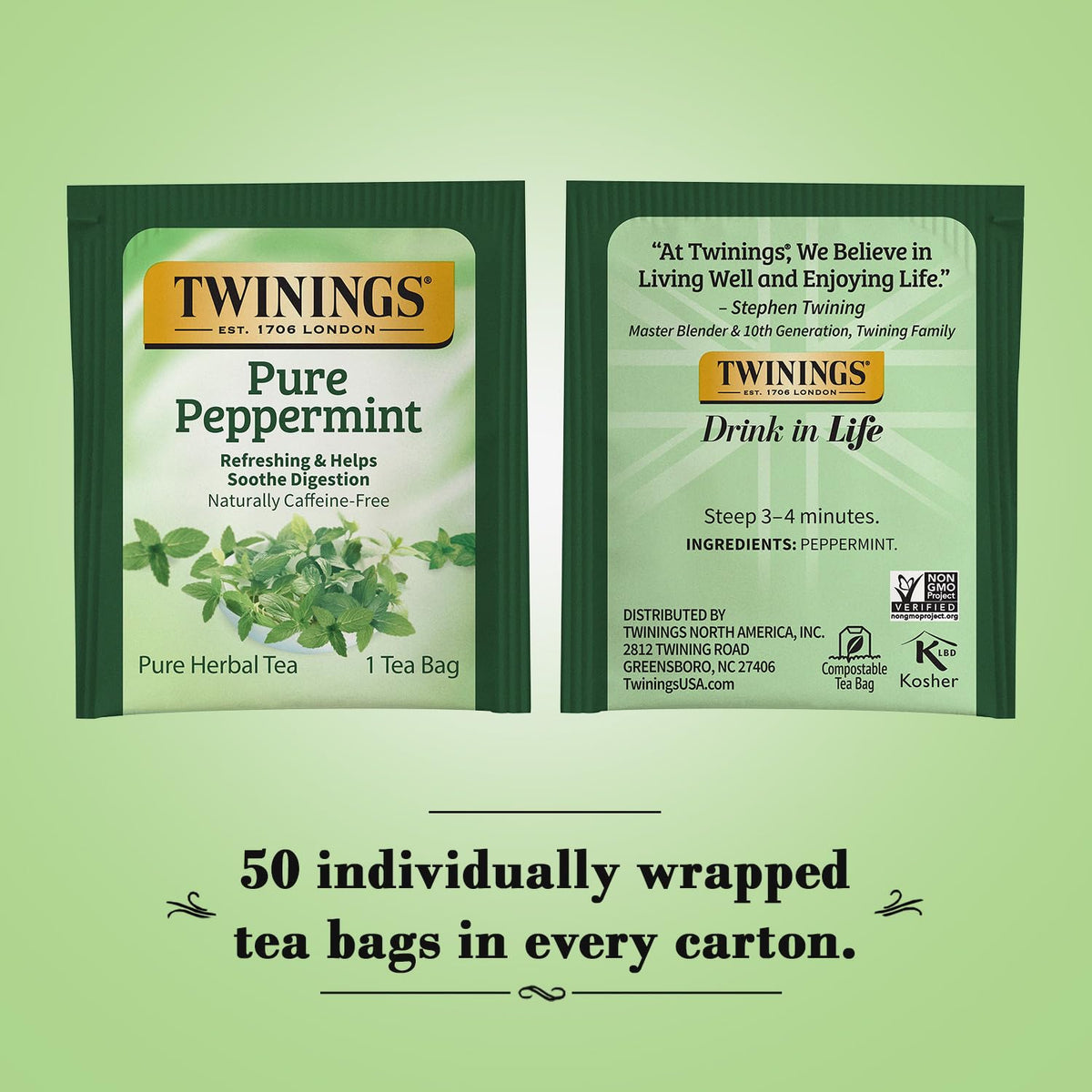 Twinings Peppermint Tea canister with 50-count packs for daily ritual.
