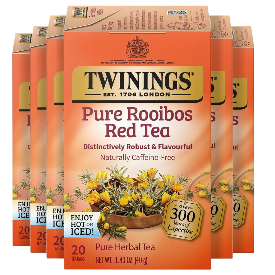 Twinings Pure Rooibos Red Tea bags, individually wrapped, for on-the-go freshness and a consistent cup.