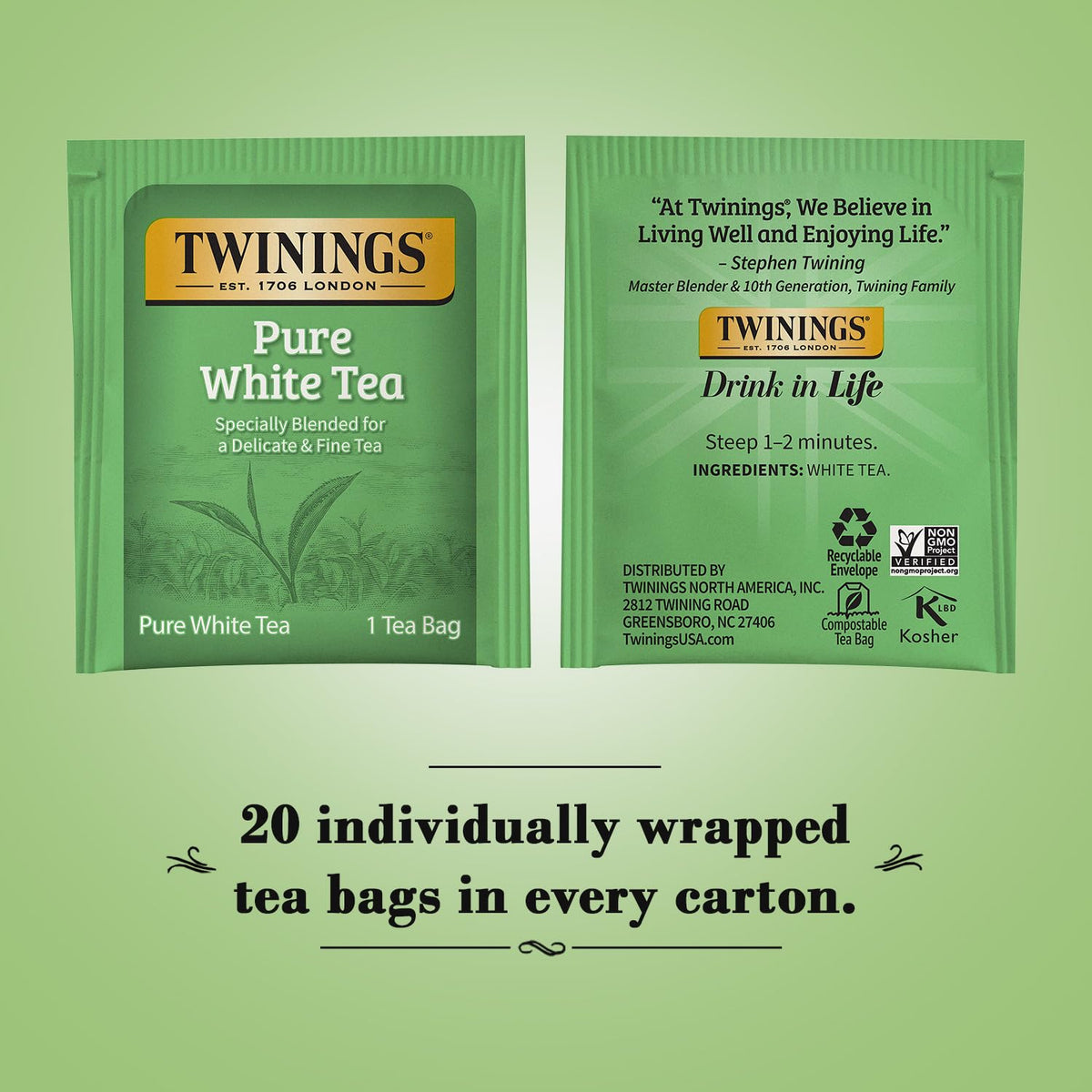 Close-up of Twinings Pure White Tea bag showing delicate leaves and fragrant aroma.