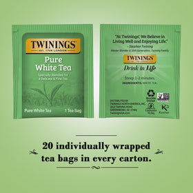 Close-up of Twinings Pure White Tea bag showing delicate leaves and fragrant aroma.