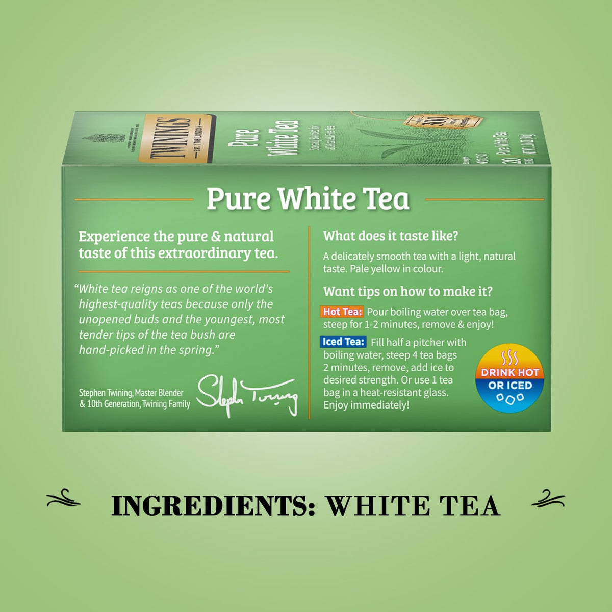 Tall glass of iced Twinings Pure White Tea poured over ice and ready to sip.