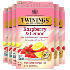 Twinings Raspberry Lemon herbal tea boxes highlight fruity aroma for hot or iced tea.