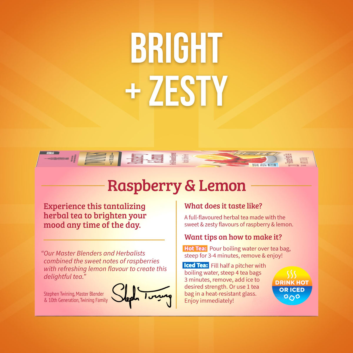 Twinings Raspberry Lemon tea bags close-up showing freshness for travel.