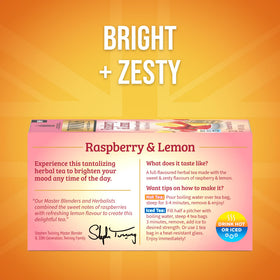 Twinings Raspberry Lemon tea bags close-up showing freshness for travel.