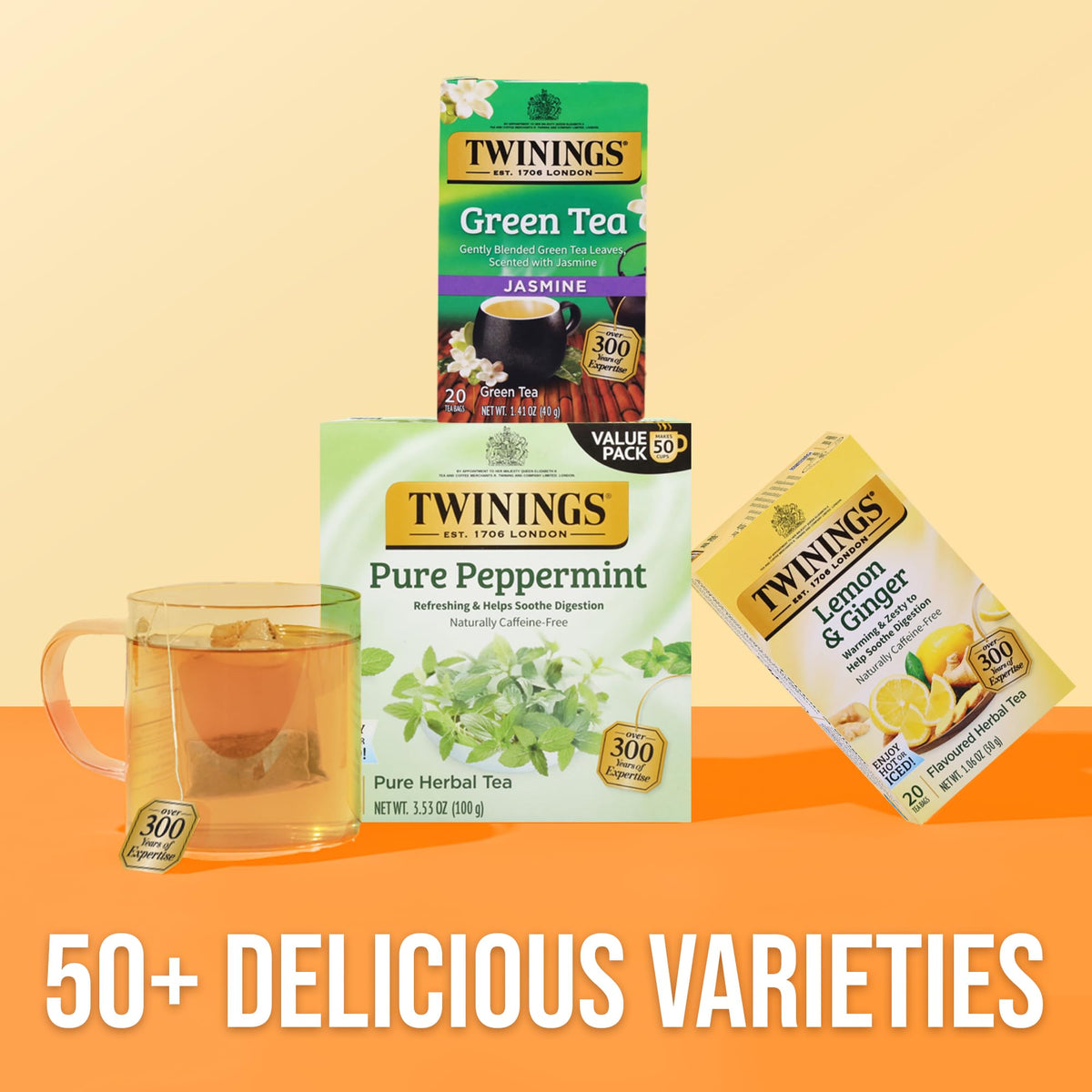 Twinings packaging highlights responsible sourcing and sustainability practices.
