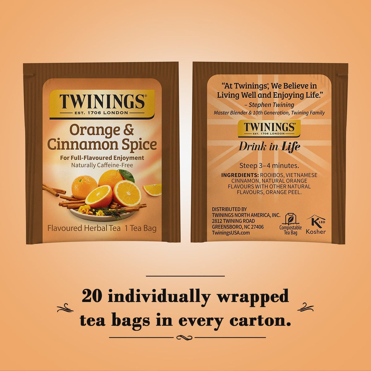 Twinings Rooibos Orange Cinnamon cup highlighting natural sweetness and spice.