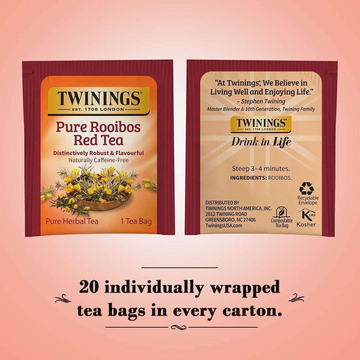 Twinings Rooibos Red Tea bag steeping releases bright, comforting aroma.