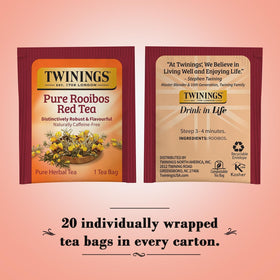Twinings Rooibos Red Tea bag steeping releases bright, comforting aroma.
