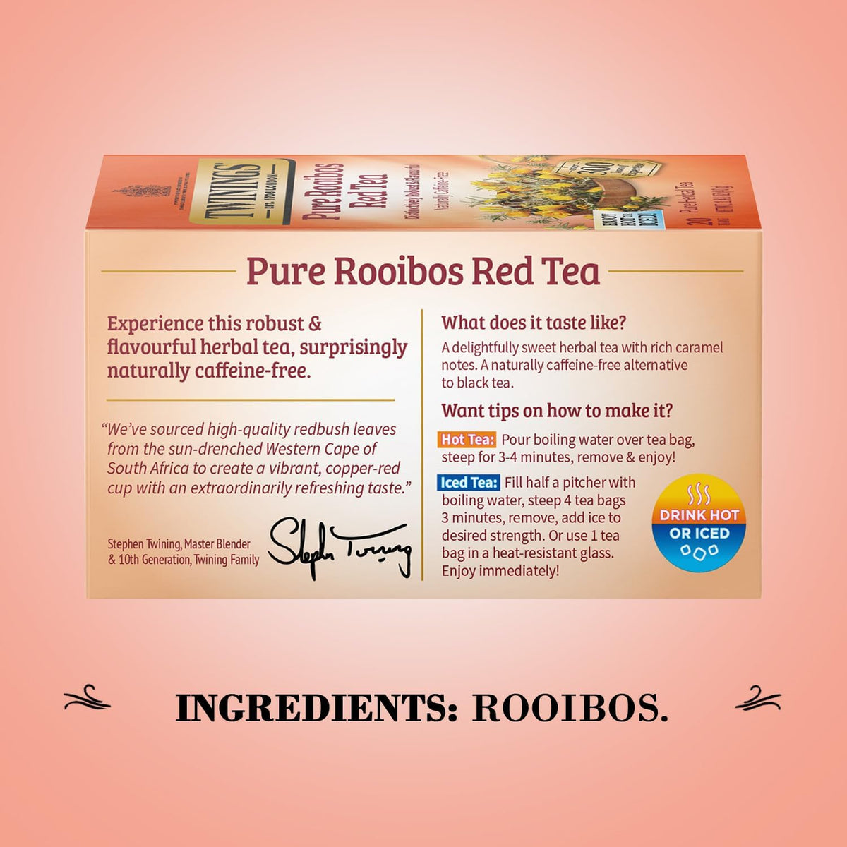 Hot cup of Twinings Rooibos Red Tea with optional milk.