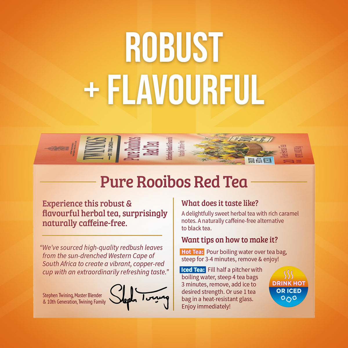 Twinings Pure Rooibos Red Tea bags, individually sealed, ideal for travel and consistent freshness.