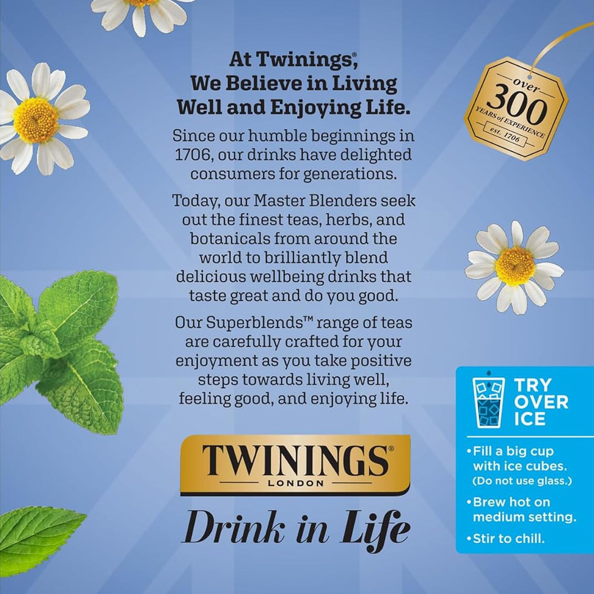 Twinings Sleep Herbal Tea K-Cups cup highlighting camomile, spearmint, lemongrass aroma.