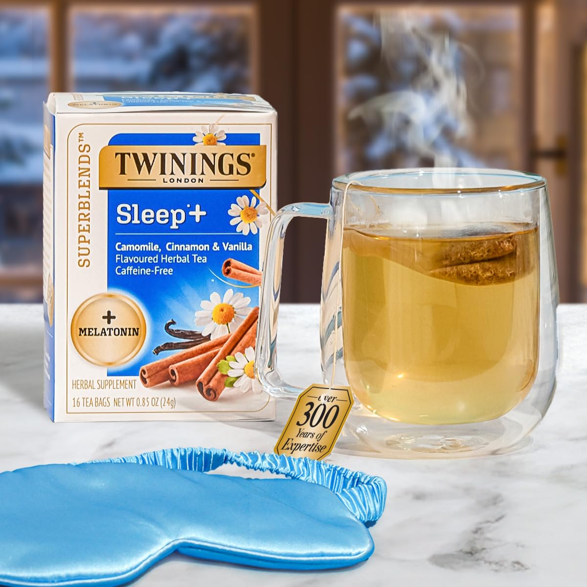 Evening relaxation scene with Twinings Sleep+ tea, suggesting a tranquil wind-down ritual.