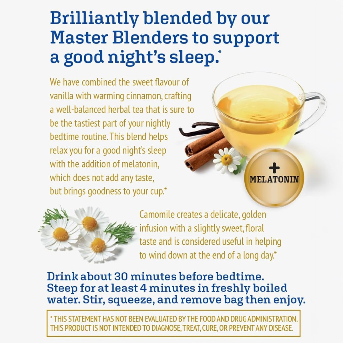 Melatonin icon on Twinings Sleep+ packaging indicating added support for winding down.