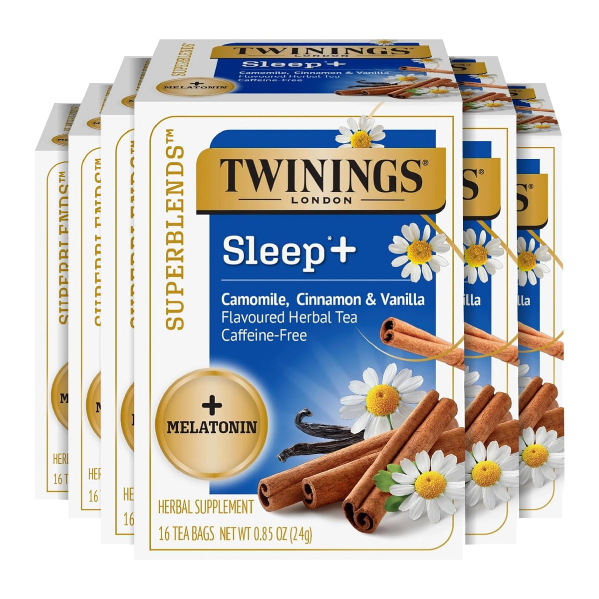 Twinings Sleep+ tea box packaging displayed for a calm evening ritual.