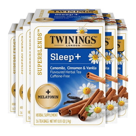 Twinings Sleep+ tea box packaging displayed for a calm evening ritual.