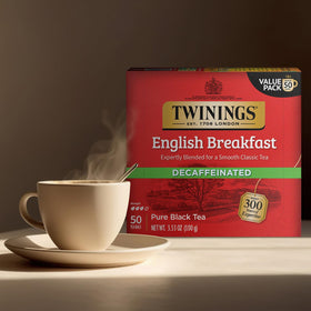 Twinings tea cup steaming during steeping, a lively morning moment.