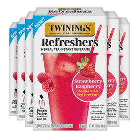 Twinings Strawberry Raspberry Refreshers box front, inviting a caffeine-free café moment at home