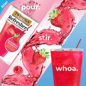 Twinings Strawberry Raspberry Refreshers sachets pack for convenient single-serve refreshment on the go