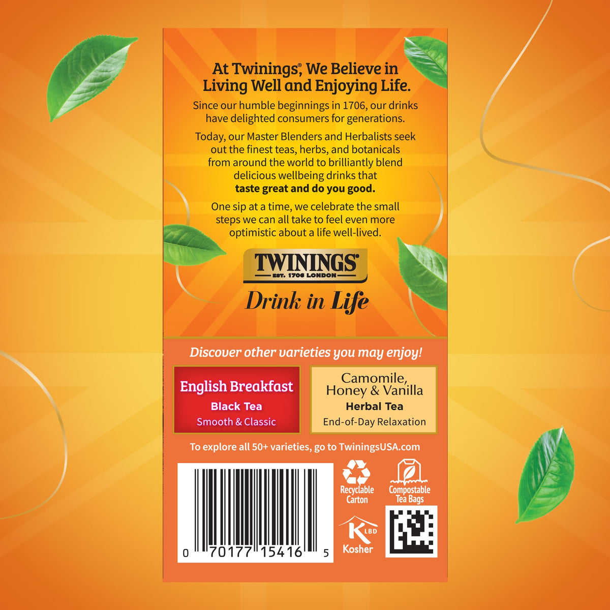 Twinings sustainable sourcing initiative label highlighting community support and responsible farming.