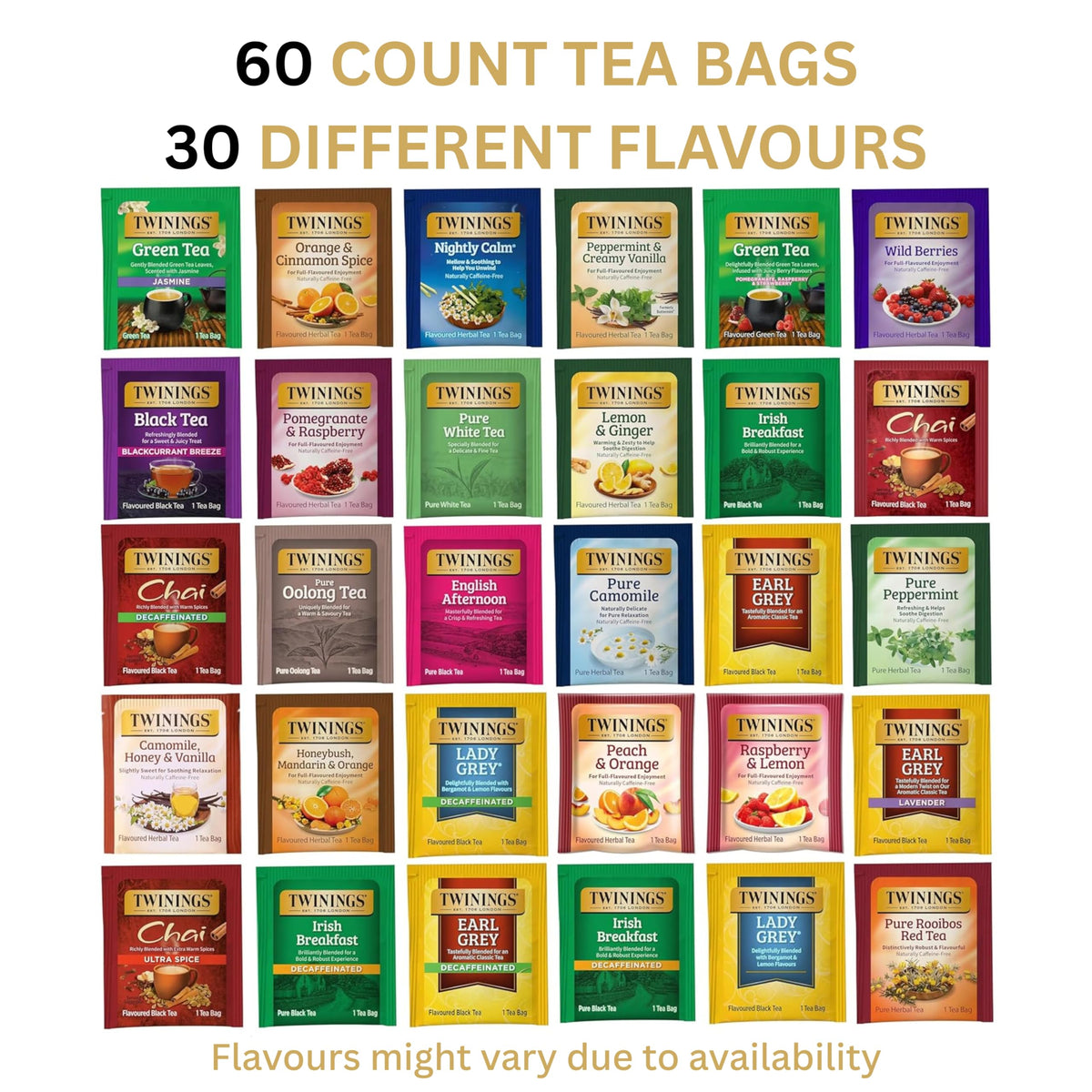 Twinings tea bags 30 flavours close-up, perfect for discovering new favorites.