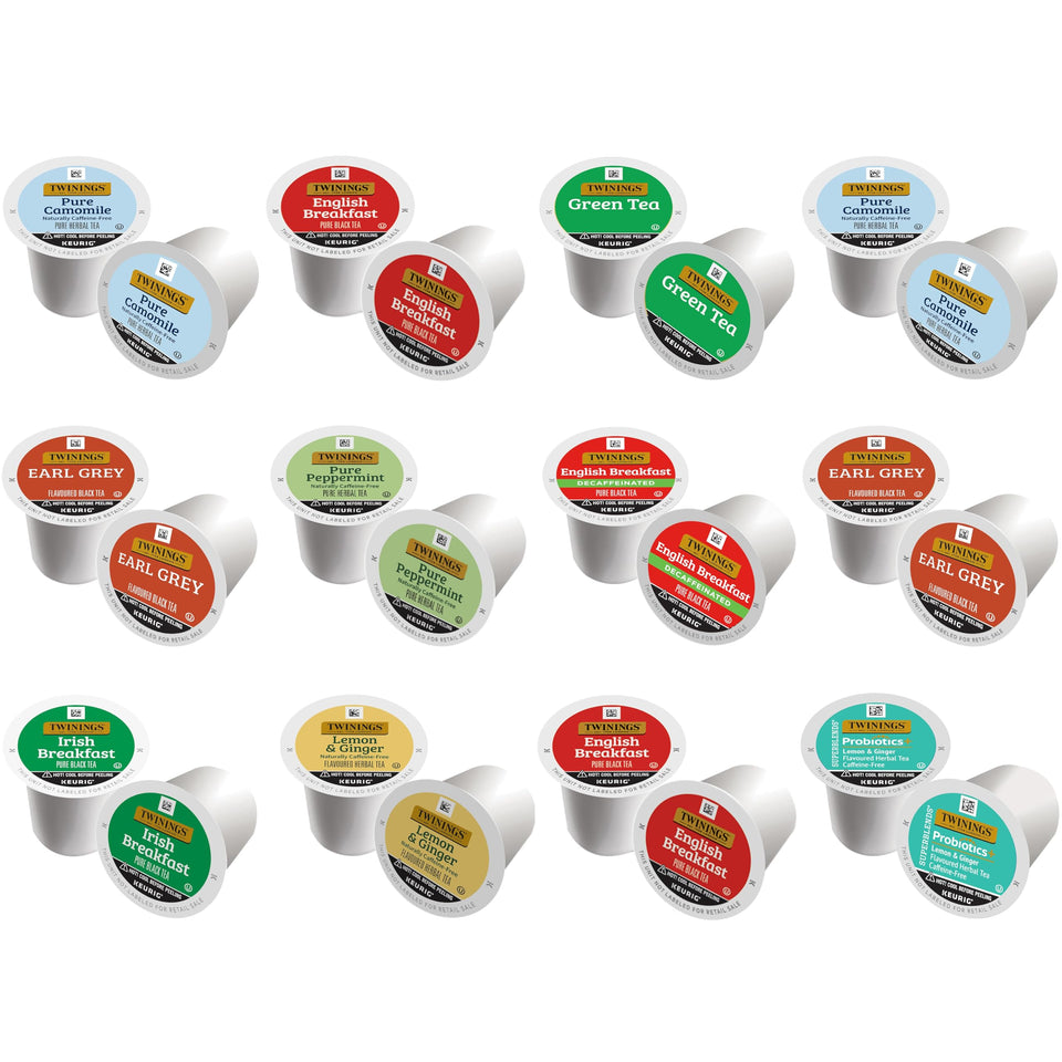 Twinings Tea K-Cup sampler box with 24 pods for diverse brews at home.