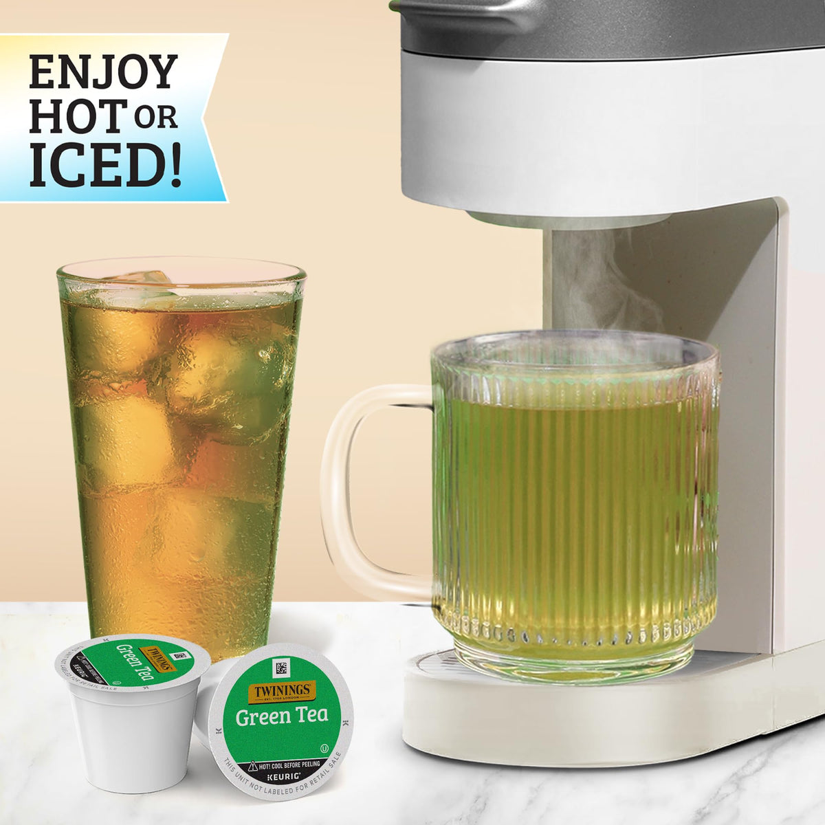 Keurig brewing setup with Twinings pods ready for hot water