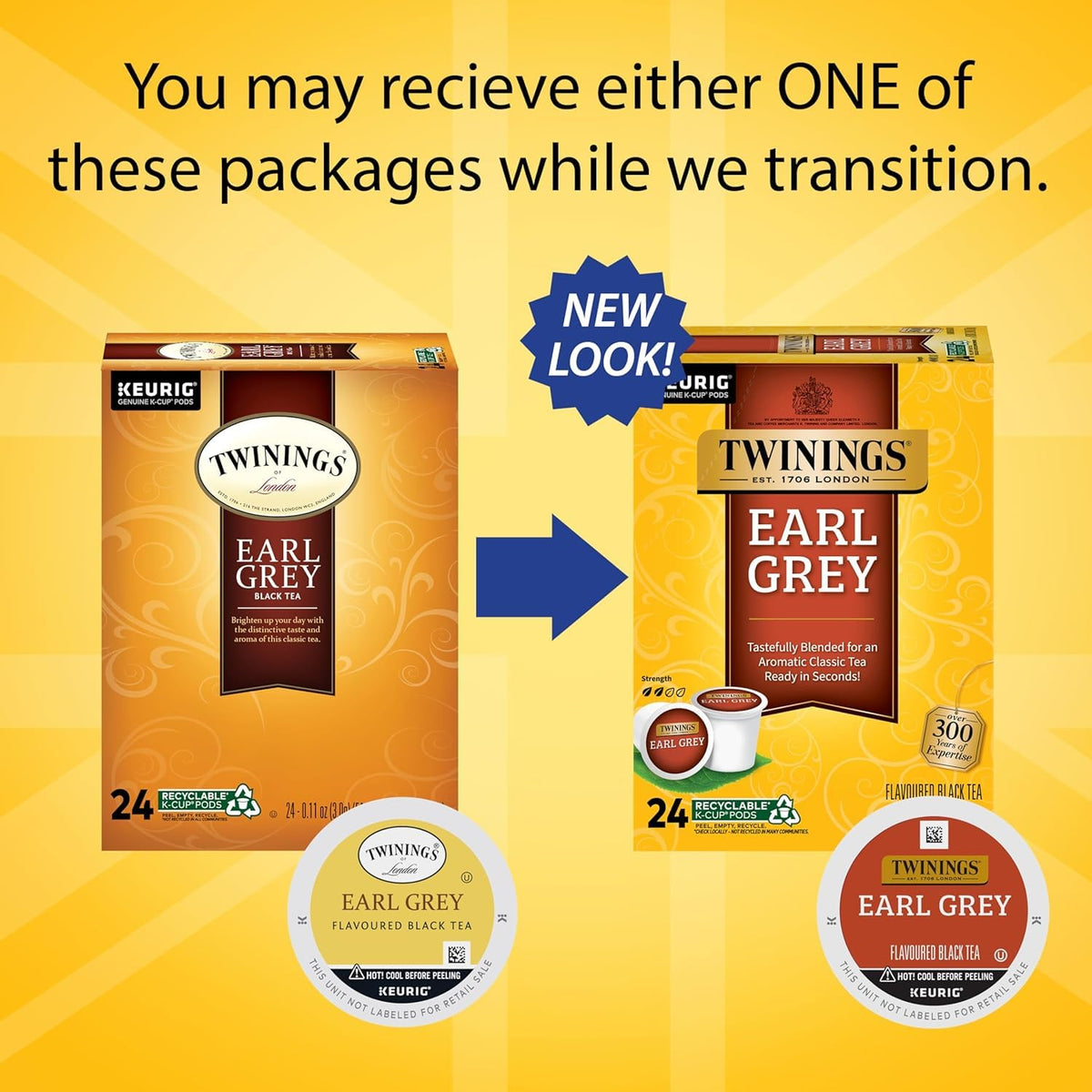 Twinings tea pods on a desk ready for use.