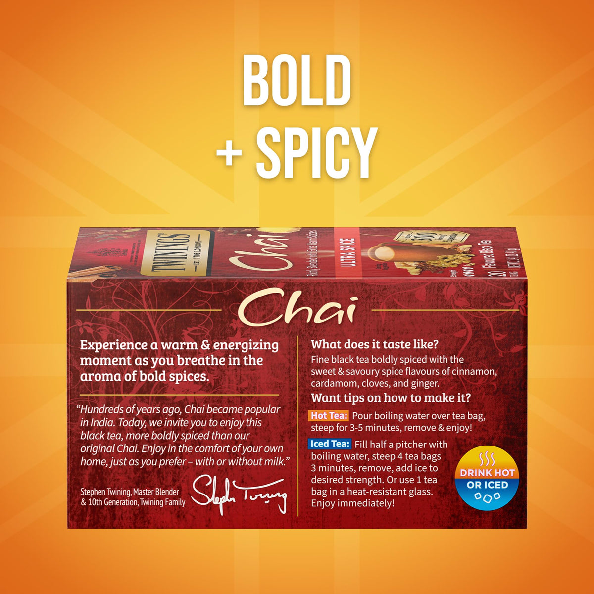 Twinings Ultra Spice Chai individually wrapped bags preserve freshness on the go.