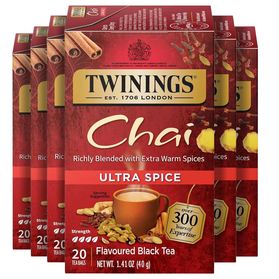 Twinings Ultra Spice Chai tea bags in a six-pack for easy daily brewing.
