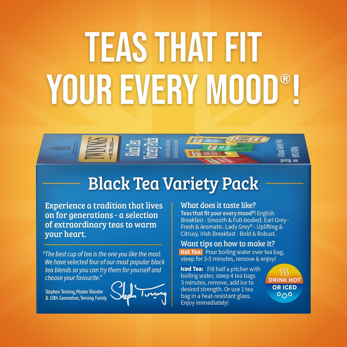 Twinings Earl Grey tea bags offer a fragrant bergamot lift for afternoon sipping.