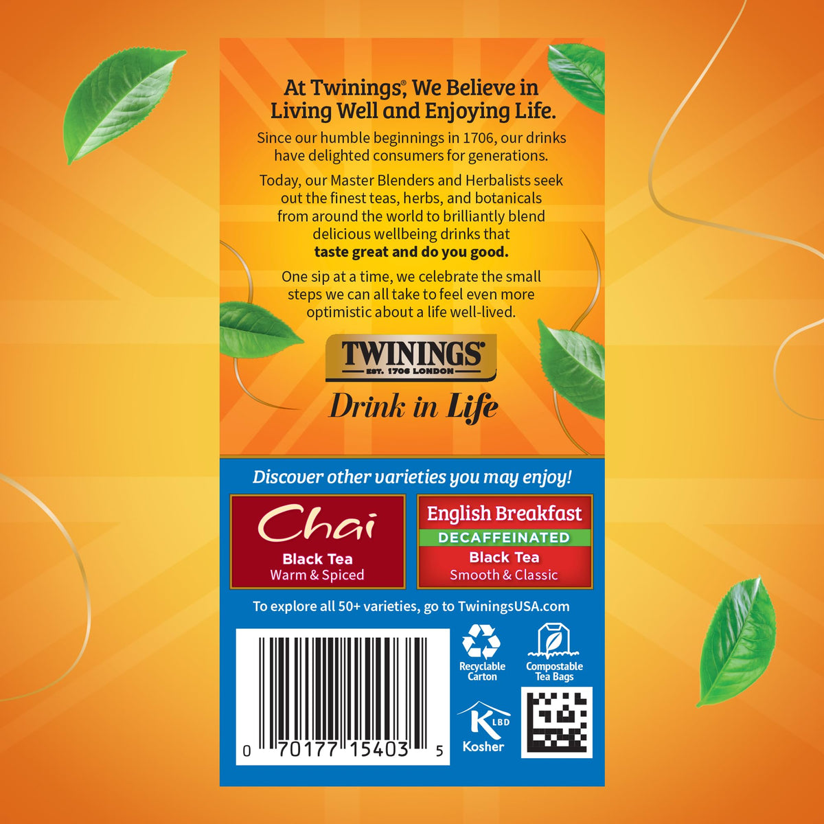 Twinings tea bags ready to brew, great for hot or iced drinks.
