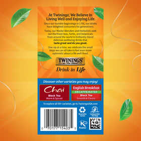 Twinings tea bags ready to brew, great for hot or iced drinks.