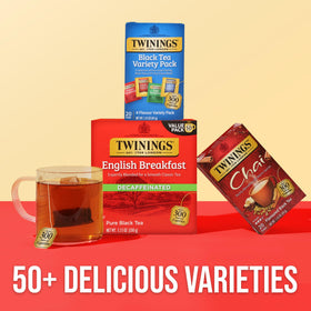 Twinings variety pack display shows six boxes for convenient tea moments.