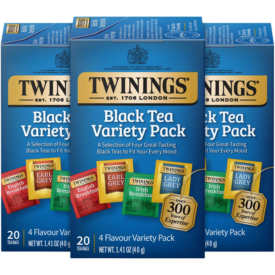 Twinings variety pack tea bags displaying four black teas for everyday moments.
