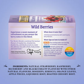 Twinings Wild Berries blend with berries and apple infusion, ideal for a relaxing break.