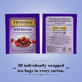 Twinings Wild Berries box and tea bags showcase convenient individually wrapped servings.