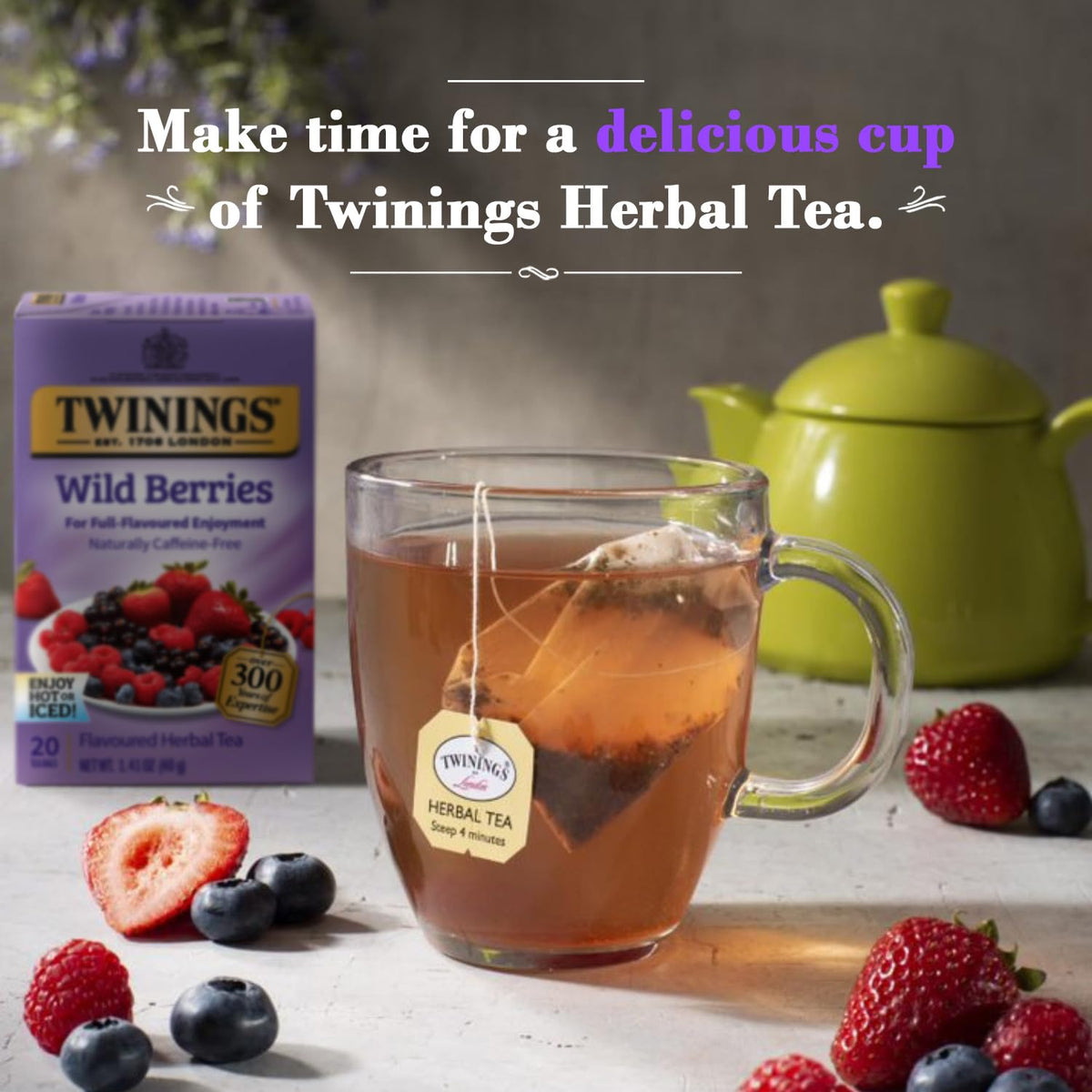 Twinings Wild Berries iced tea setup over ice for a cooling refreshment.
