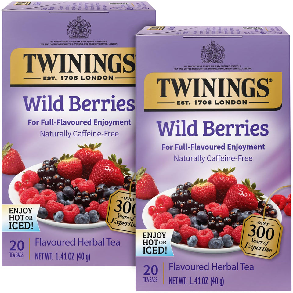 Twinings Wild Berries tea bag closeup, caffeine-free herbal treat for any time.