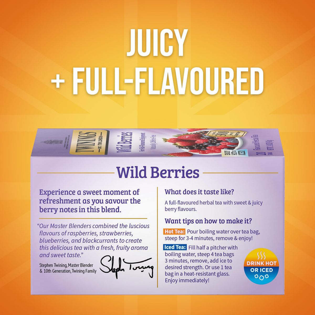 Close-up of Twinings Wild Berries tea bags highlighting the fruity blend and freshness