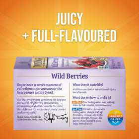 Close-up of Twinings Wild Berries tea bags highlighting the fruity blend and freshness