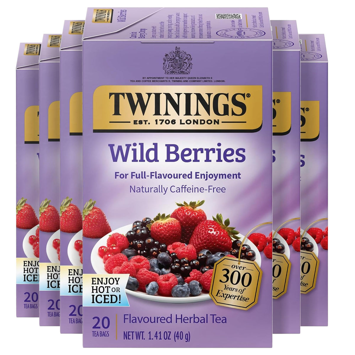 Twinings Wild Berries tea bags in packaging boxes showing a six-box bundle for easy storage