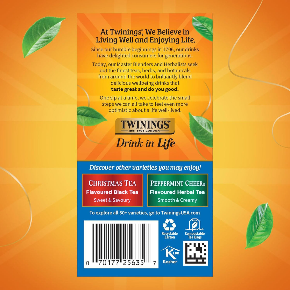 Twinings Winter Spice Tea bags closeup, caffeine-free option for relaxing afternoons.