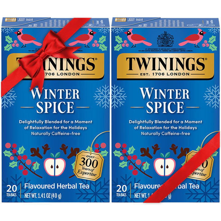 Twinings Winter Spice Herbal Tea box front, two-pack, ideal for cozy mornings.